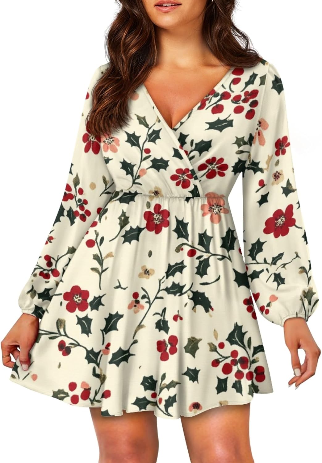 domirica Easter Dress for Women Lantern Sleeve Floral 2025 Fashion Empire Waist V Neck A Line Holiday Party Mini Dress