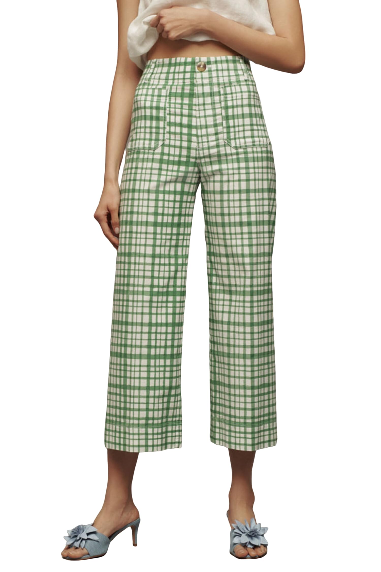 ZAFUL Womens High Waisted Palazzo Pants Casual Office Print Cropped Wide Leg Pants Button Lounge Trousers with Pockets