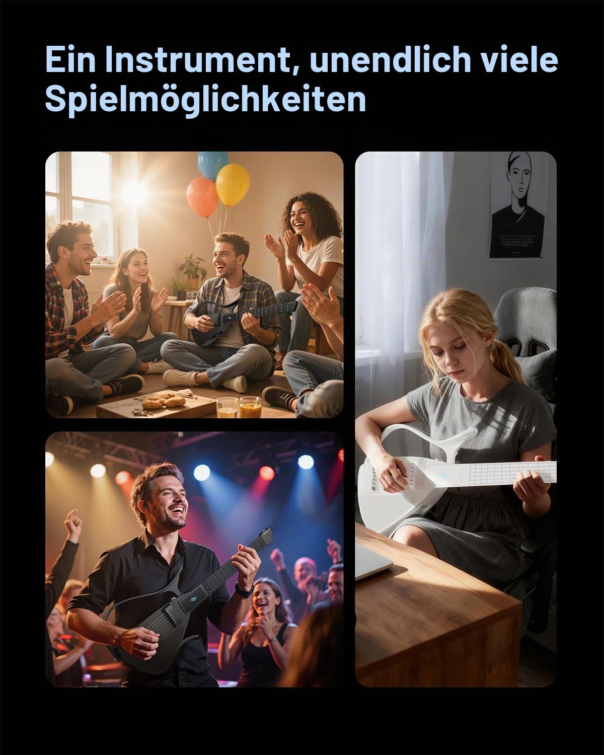 Enya CYBER-G Smart Gitarre – mit Silikonsaiten, 24 integrierten Sounds, schwarze leise Reise Anfänger Gitarre mit Lautsprecher, Drum-System, App & interaktiven Akkorden für Erwachsene & Teenager