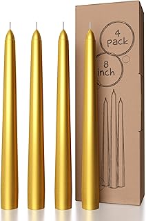 CANDWAX 8 inch Gold Taper Candles Set of 4 - Christmas Candles Taper Dripless - Tall Candles Long Burning Fragrance-Free - Gold Candlesticks