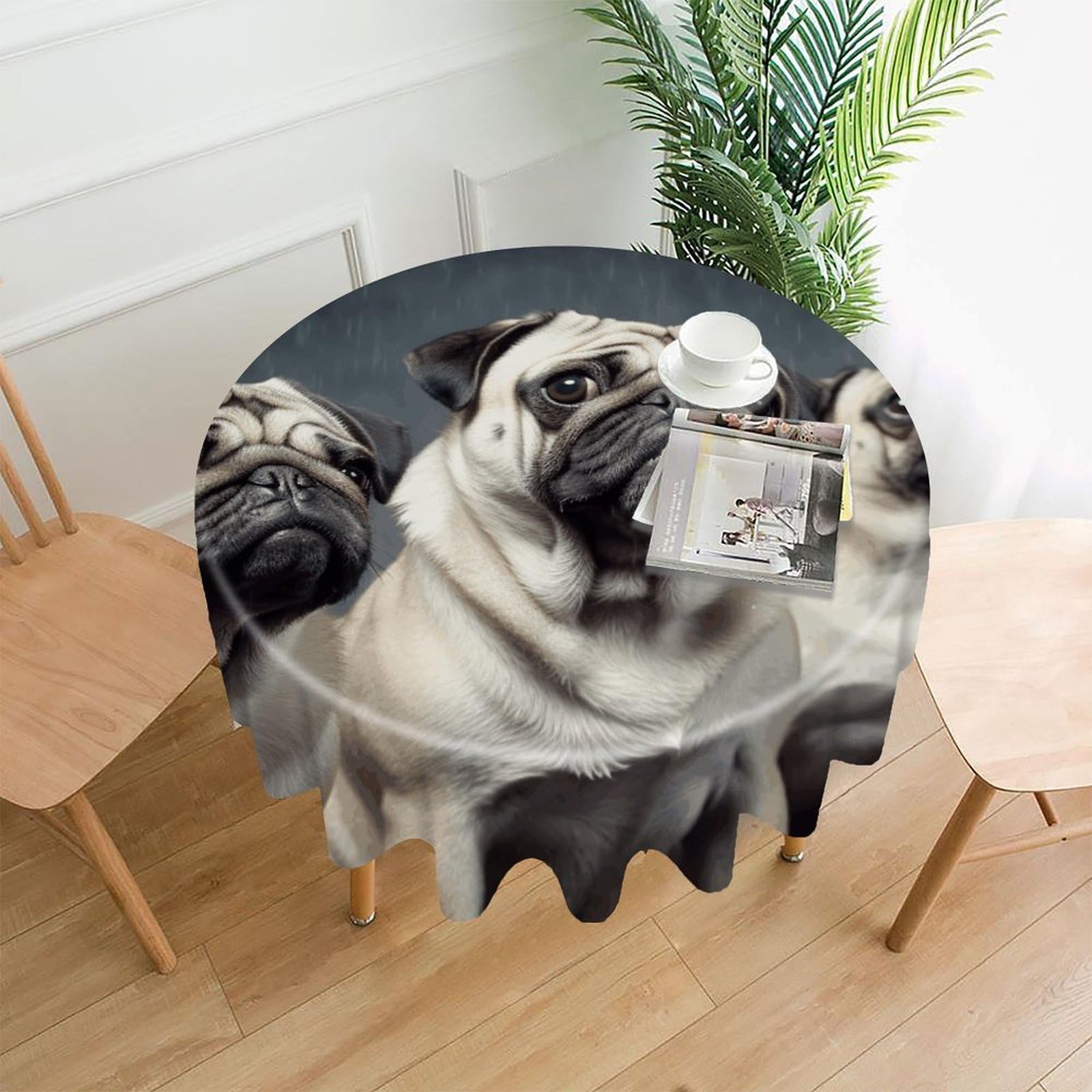 VstaDank Funny Pug Dog Table Cloth Fashions Washable Round Tablecloth Decorative Table Cover Comfortable Straight Edge Tablecover for Dining Kitchen Party Outdoor 60 Inch