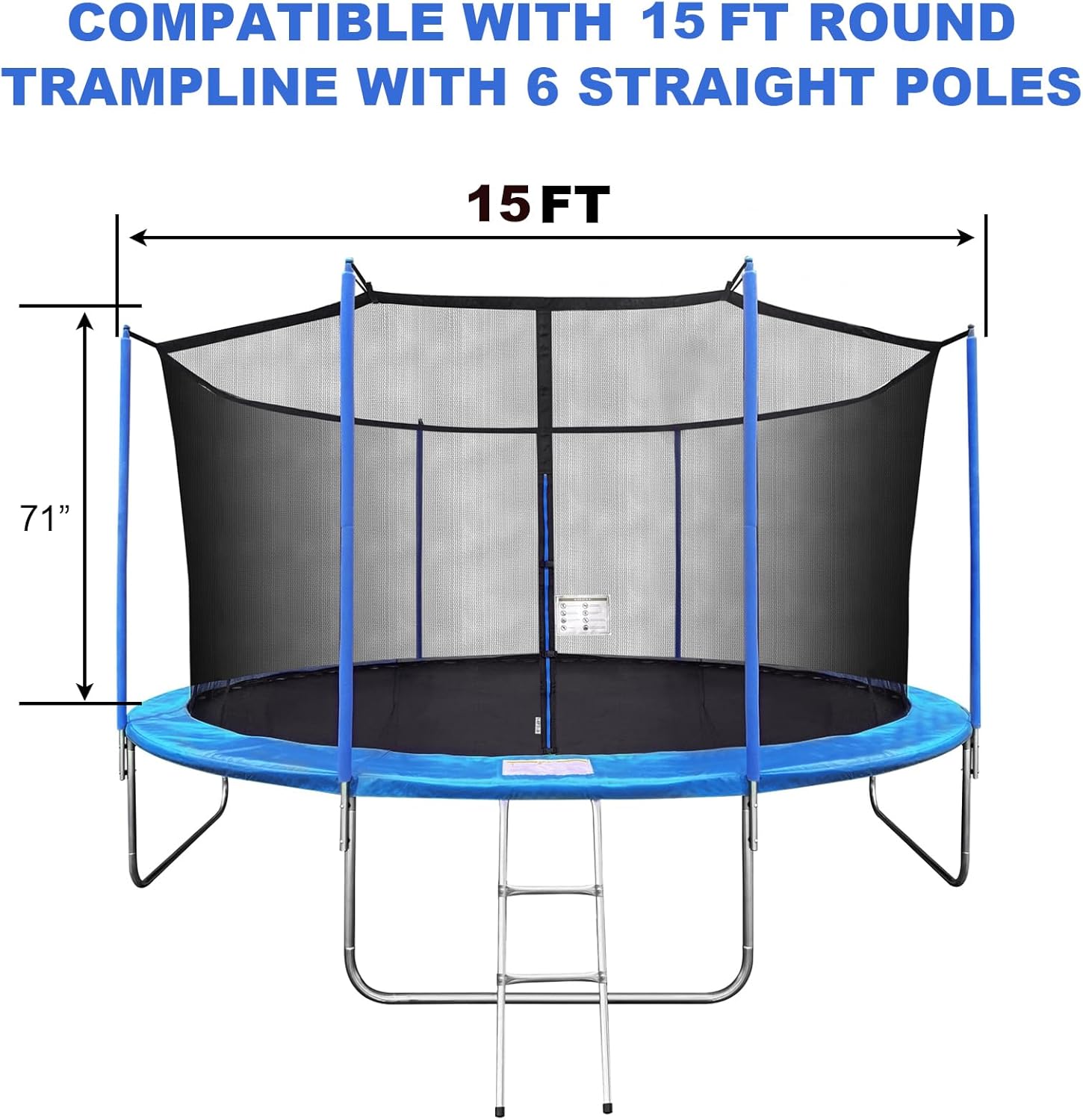Trampoline Net Replacement with 6 PoleCaps, 12ft 14ft 15 ft Round Frame, Durable and Breathable Trampoline Net with Adjustable Straps, Zippers, Protection Buckles, Black