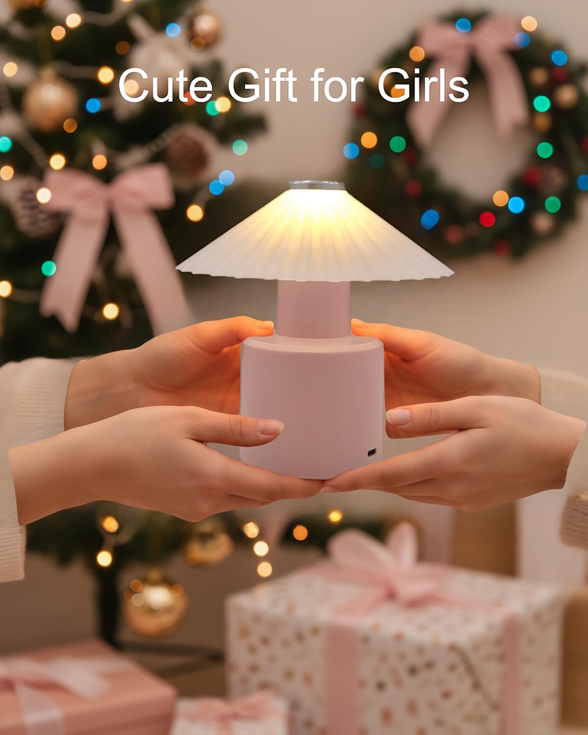 Small Cute Table Lamp: Portable Rechargeable Nightstand Light – Christmas Gift for Girls (White-Powder)