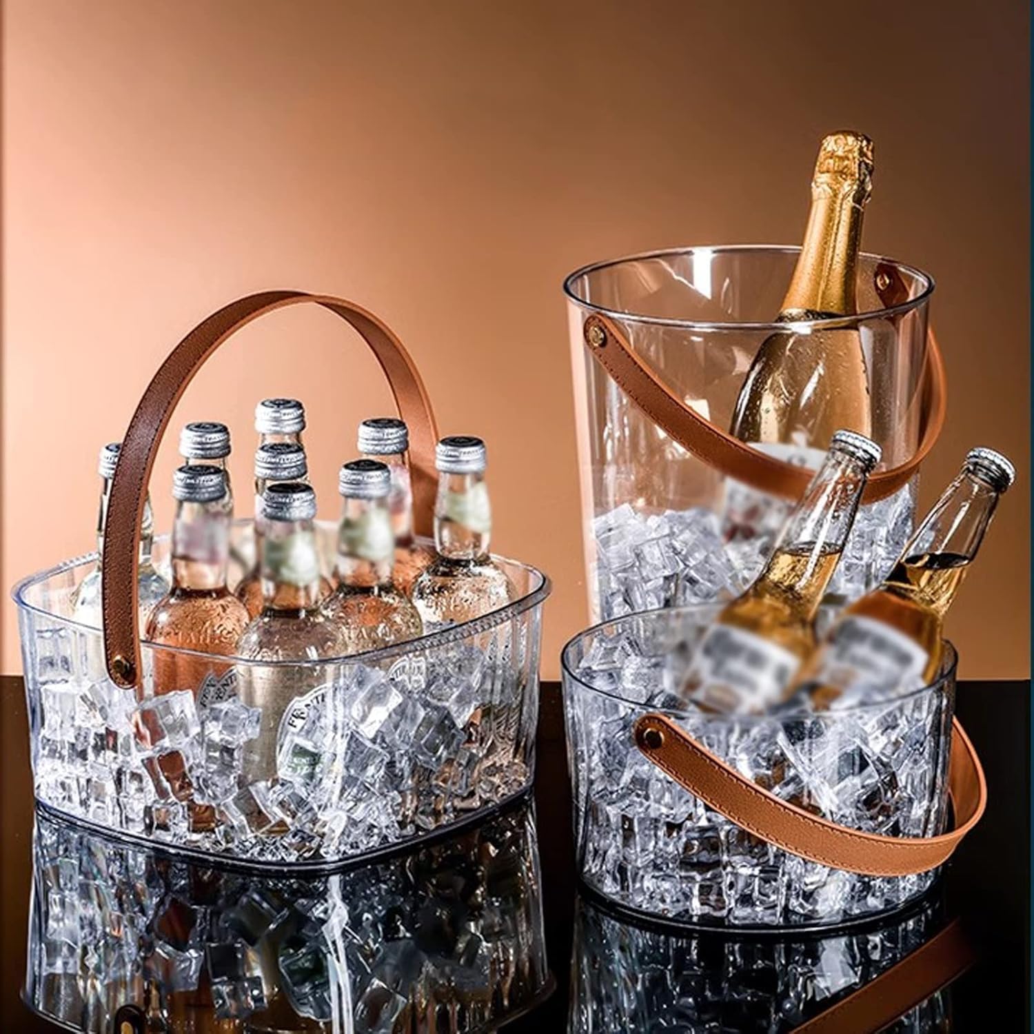 Cubitera Botella Vino Filador de Hielo acrílico Transparente Redondeo Grande Champagne Chiller con Mango de Cuero portátil Capaciente de Hielo de Botella de Vino clásico