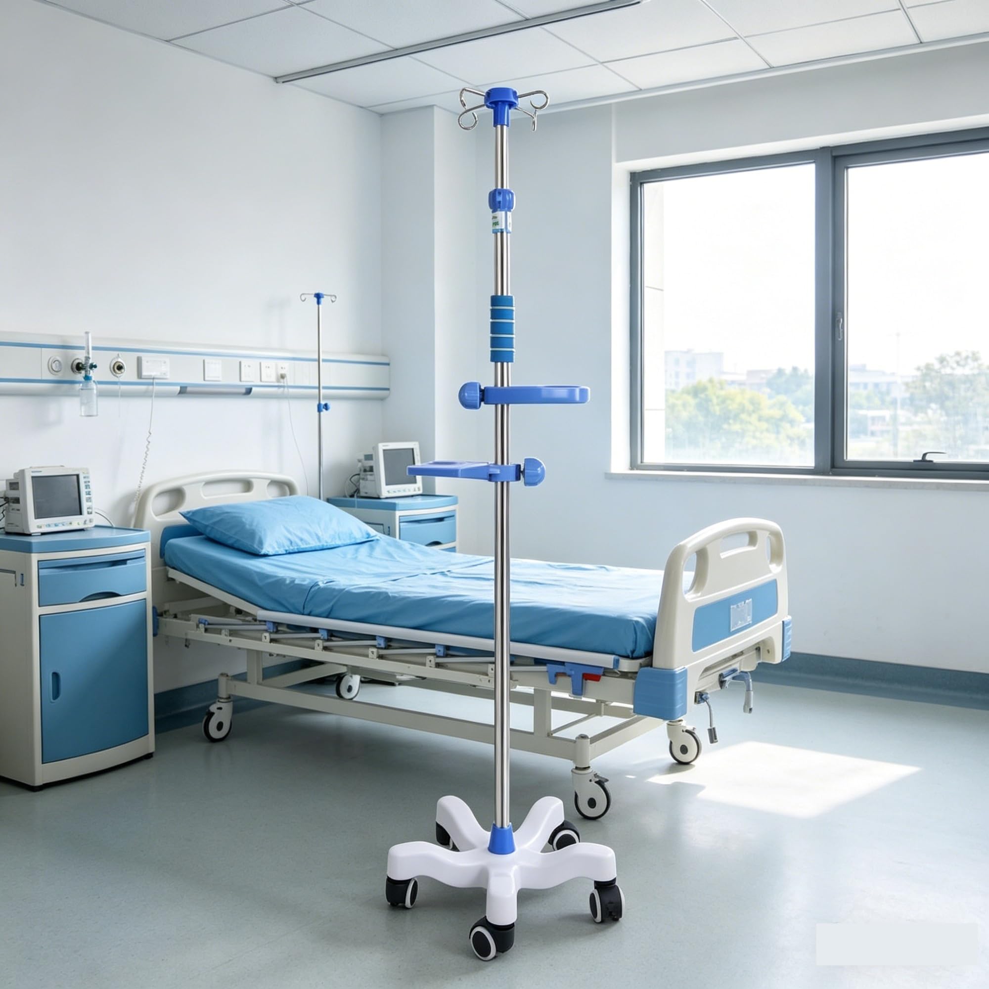 Portasueros con ruedas, soporte médico portátil for intravenosos, con altura ajustable, 4 ganchos y 5 ruedas Postes IV