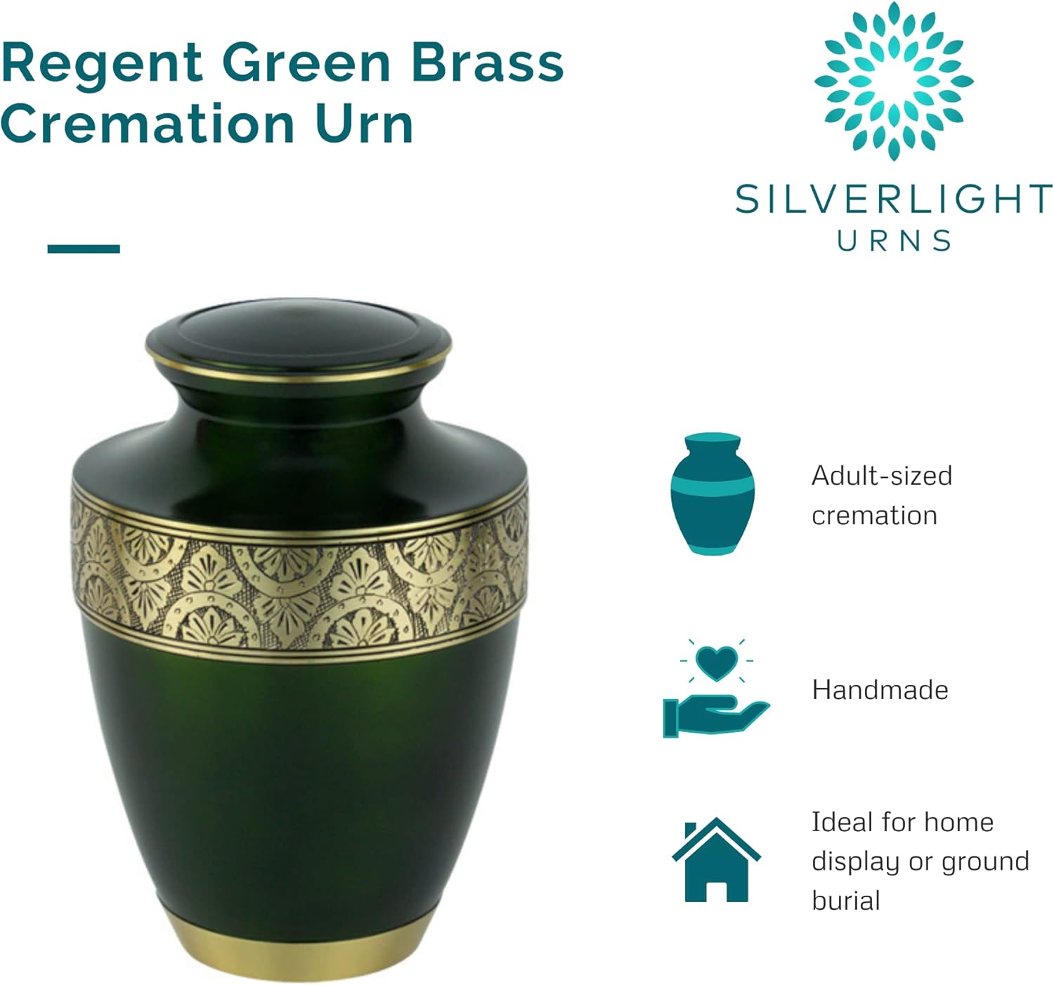 Regent Green Brass Cremation Urn for Ashes, Brass, Green Urn, Adult Sized Cremation Urn, 9.75 Inches High