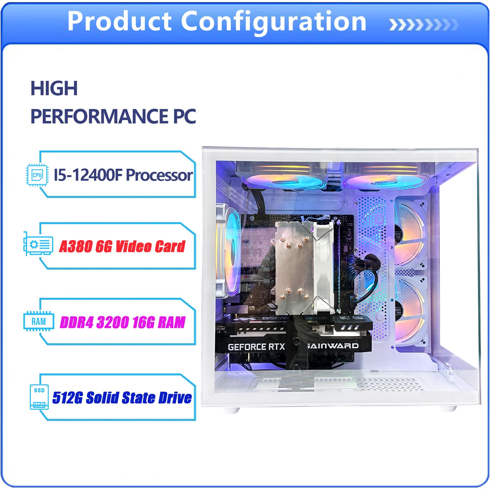 Gaming PC Core I5-12400F | 2.5G 6Cores UP to 4.4G | 16G RAM 512G SSD 4K Prebuilt White Office Desktop Computer WiFi Home White