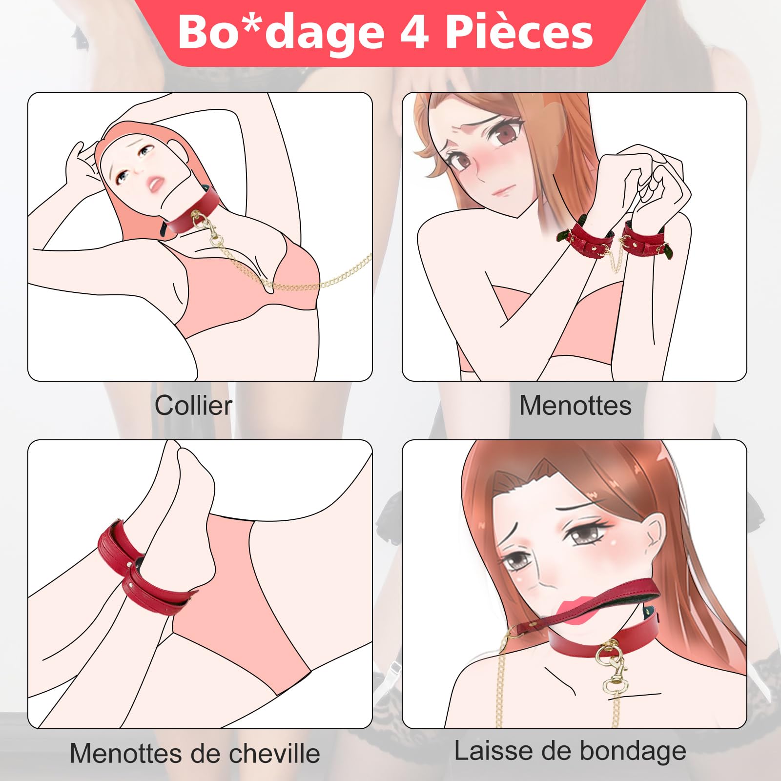 Sex Toýs Femme Couple BDSM Bondage pour Lit Menottes Poignet & Cheville Réglables en Cuir avec Collier et Laisse SM Kits,Menottes Sex Lit pour Jeux Sexuels Couple