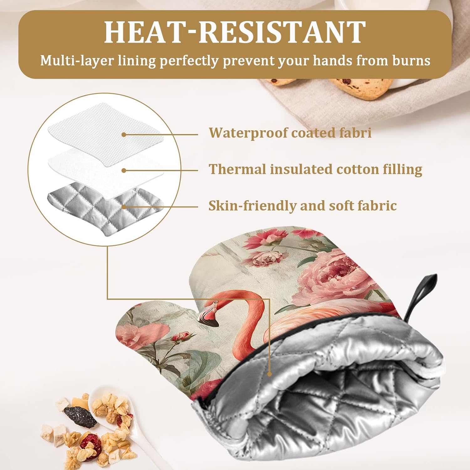 Pink Flamingo Floral Oven Mitts and Pot Holders Sets 4Pcs Vintage Animal Silicone Kitchen Gloves Heat Resistant Potholders for Baking Cooking Grilling BBQ