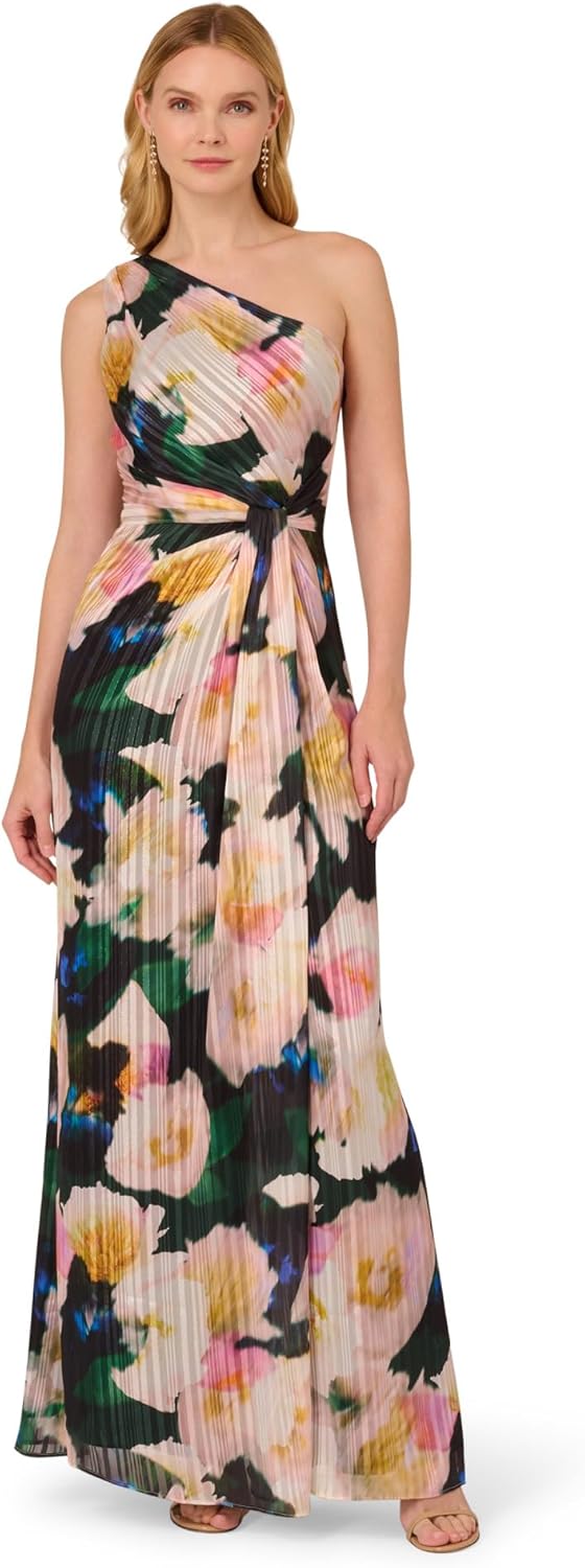 Adrianna Papell Women's One Shoulder Chiffon Gown | Long Evening Gown with Pleated Skirt, Fitted Bodice & Side Leg Slit, Black/Blush Multi 6 - Image 3