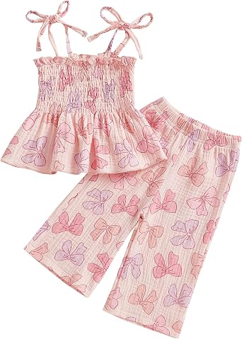 Little Kids Girl Summer Outfit Sleeveless Tied Flower Print Cami Tank Tops Elastic Pants Toddler 2Pcs Clothes Set