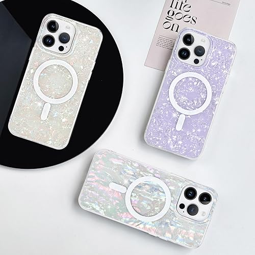 Miniatura 7 de Funda magnética para iPhone 15 Pro Max de 6.7 pulgadas compatible con MagSafe, brillante con diseño de concha de perla para mujeres y niñas, funda
