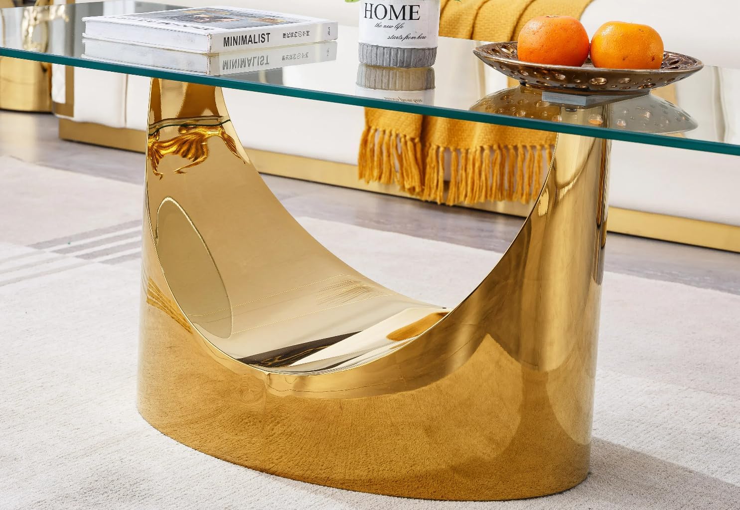 Luxury Gold Glass Coffee Table, Modern 47" Rectangle Coffee Table with Mirrored U-Shaped Stainless Steel Base, Clear Glass Center Tables Accent Cocktail Tables for Living Room Home Office