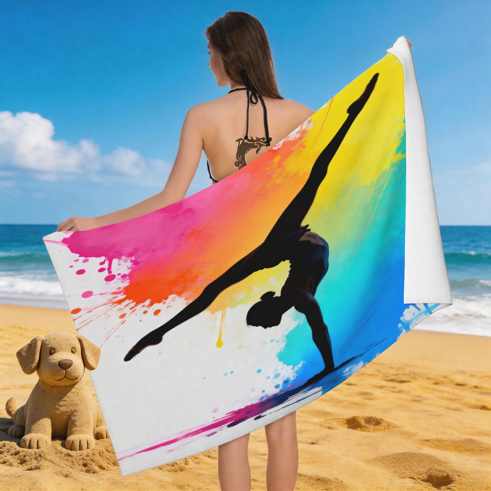 Leichong 3D Gymnastics Beach Towel Microfiber Soft Quick Dry for Adults, Watercolor Style Bath Towel Lightweight Soft Absorbent for Travel Swimming Pool Sports, 75 x 150 cm