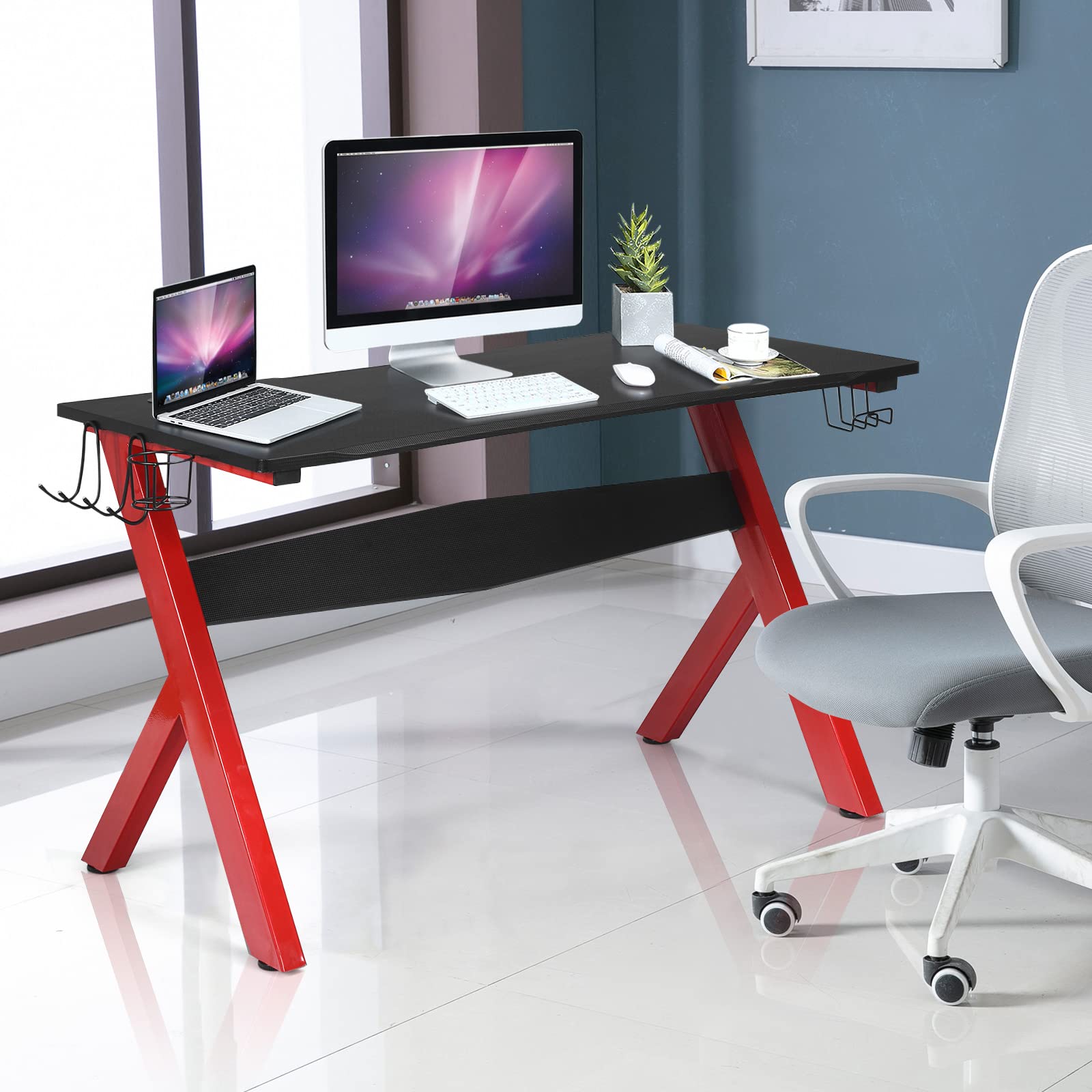 GIANTEX Scrivania da gaming, scrivania ergonomica per computer, tavolo videogiochi con porta bicchiere porta cuffie e tappetino per il mouse, postazione da gamer