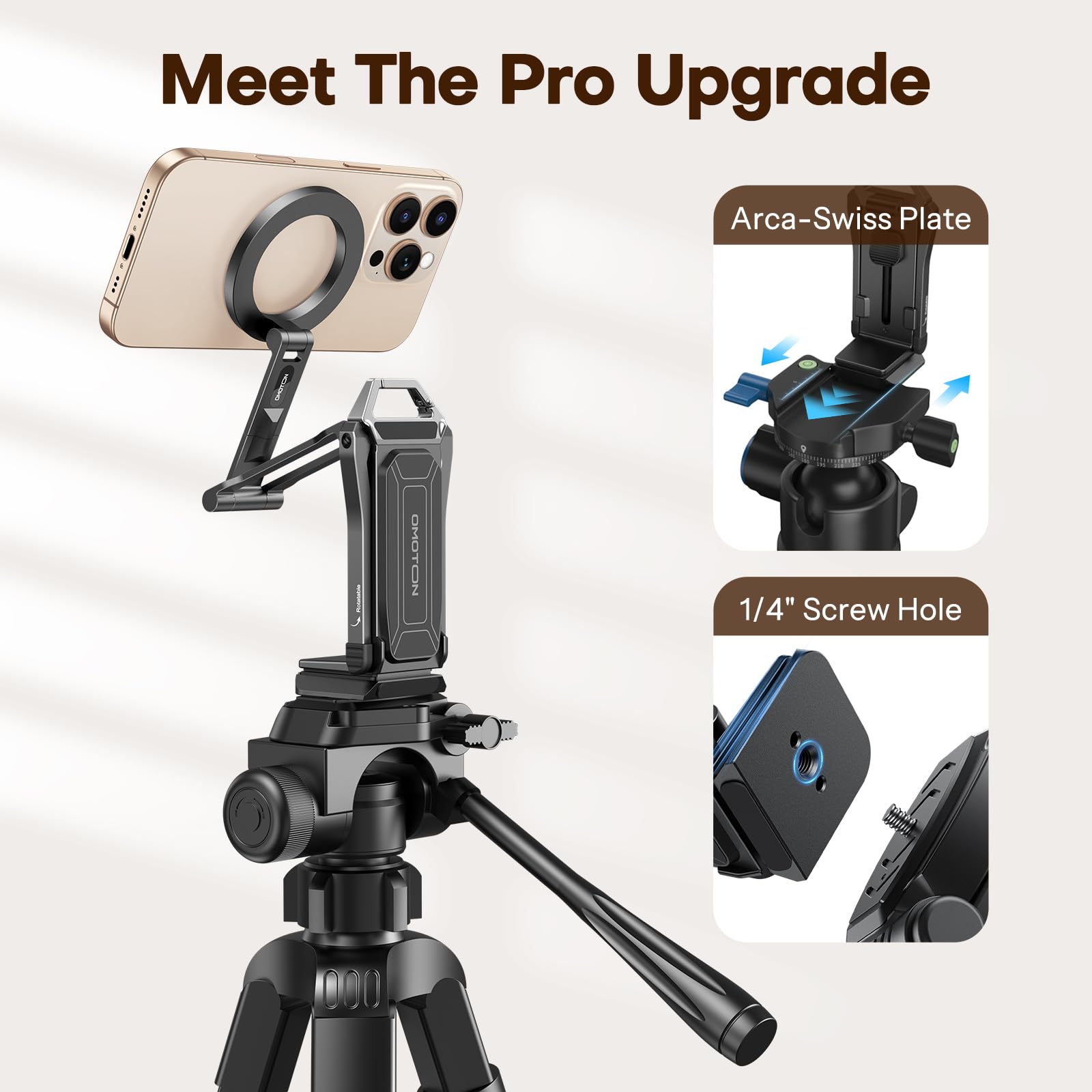 OMOTON TP02 Pro Treppiede a 360° con rotazione per MagSafe, con vite da 1/4" e piastra Arca-Svizzera, bastone selfie per iPhone serie 12-17