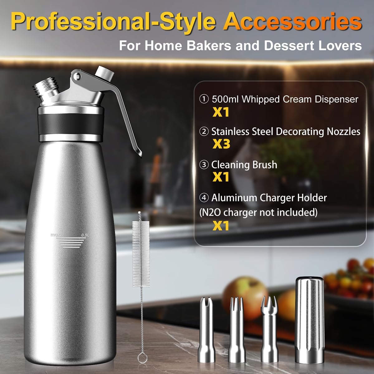 Whipped Cream Dispenser, 1 Pint / 500ml Aluminum Cream Whipper with Decorating Tips, Refillable Food Dispensing, For Home Kitchen Use