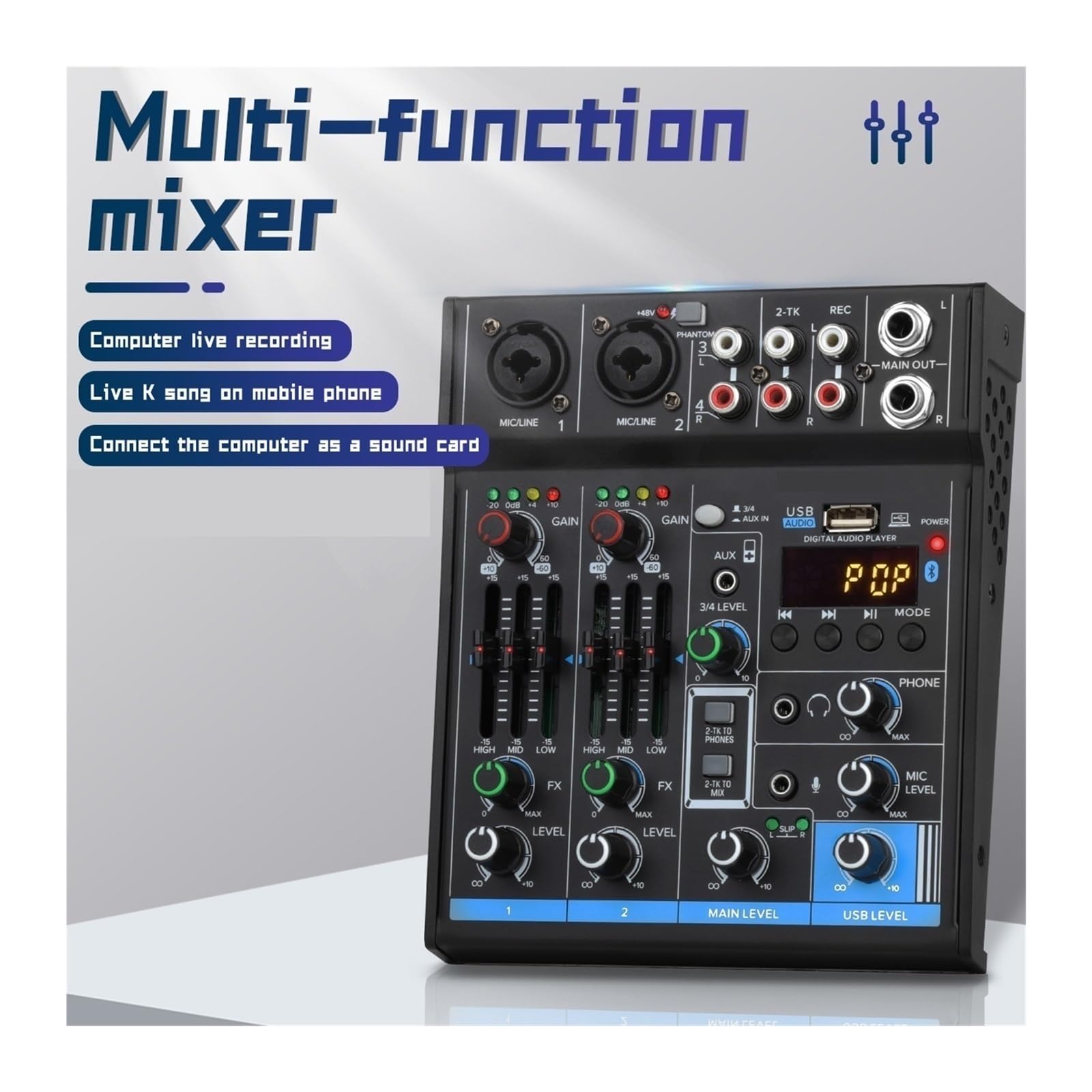 DJ-Audiomixer Professionelle 4-Kanal-Schnittstelle Mini-Mixer USB-Bluetooth-Soundkarte 48 V Phantomspeisung Studioaufnahme DJ-Mischpult