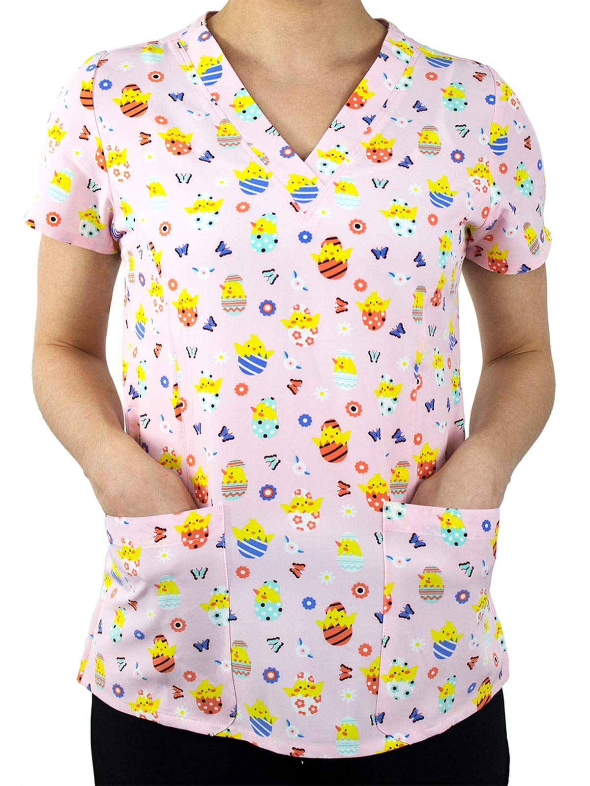 Maevn Prints 1767 Women's V-Neck Print Scrub Top, Easter Egg Hunt, M