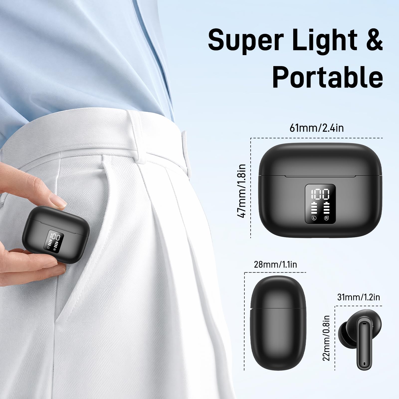 Cuffie Bluetooth, 2024 Auricolari Bluetooth 5.3 Stereo HiFi con 4 HD Mic, Cuffie Wireless In Ear ENC Cancellazione Rumore, Cuffie Senza Fili con LED Display 50 Ore, IP7 Impermeabile, Nero