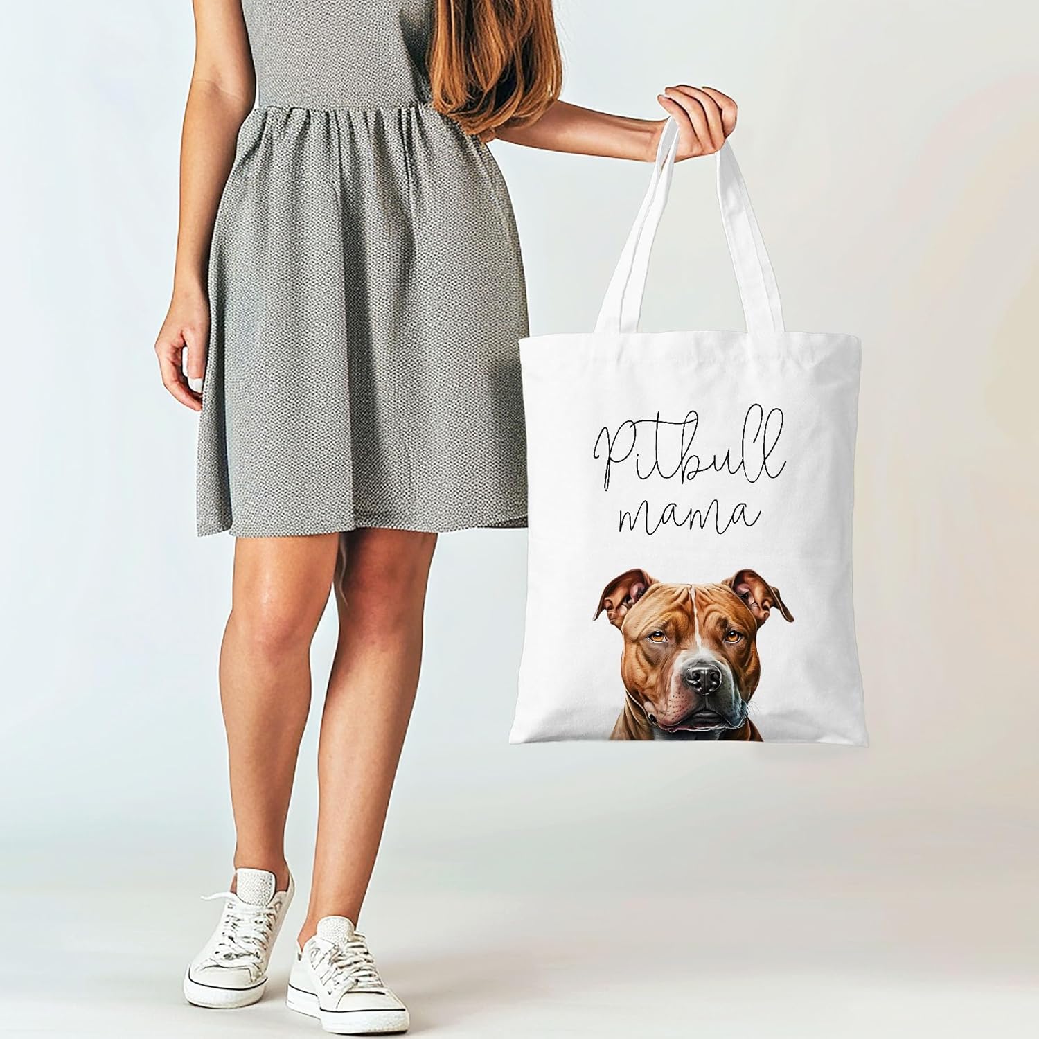 Pitbull Mama Canvas Tote Bag for Women, Dogs Lover Gift for Dog Mom, Birthday Christmas Cute Pitbull Gifts For Women, Tote Bag for Work College Travel. (092) - Image 3