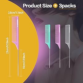 Goodofferplace 3 PCS Rat Tail Combs Parting Rattail Teasing Fine Tooth Comb with Metal Pick for Curly Hair,Detangling Parting Combs for Women for Braiding,Styling Hair(Green Purple Grey)