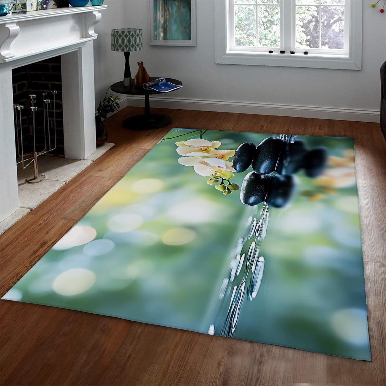 Espace méditation 160x230cm Tapis d’Espace Pierres calmantes et orchidées sur Eau Lavage à Machine à moquettes à Poil Bas et Confortable pour Spa Salle Bain décoration du Sol