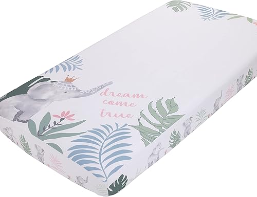 NoJo Sábana para cuna de acuarela con temática de elefante, princesa tropical, rosa y verde, 100% algodón