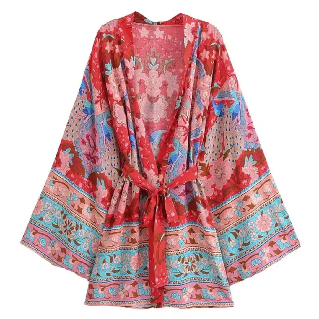 Copricostume da donna con stampa floreale rossa con cintura kimono abito tunica da spiaggia lungo kimono copertura da spiaggia