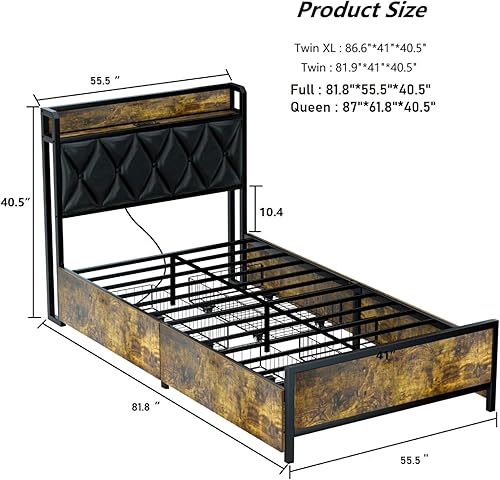 Miniatura 12 de GAZHOME Base de cama individual con 4 cajones de almacenamiento y estación de carga, cabecera de almacenamiento de plataforma tapizada individual,