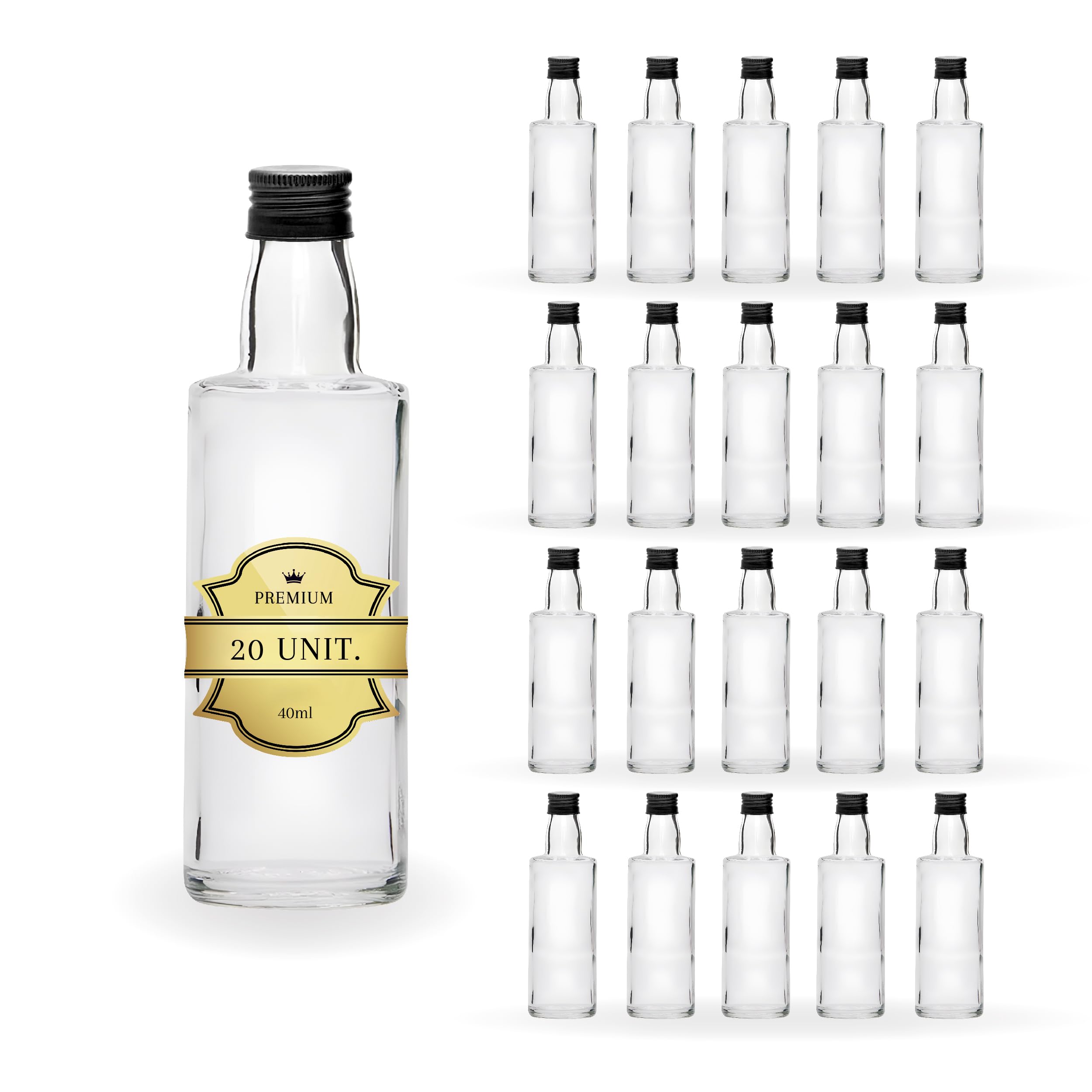 20 Mini Bouteilles En Verre 40ml Avec Bouchon Vis Noir - Pour Échantillons Liqueurs, Cadeaux, Mariages - 6
