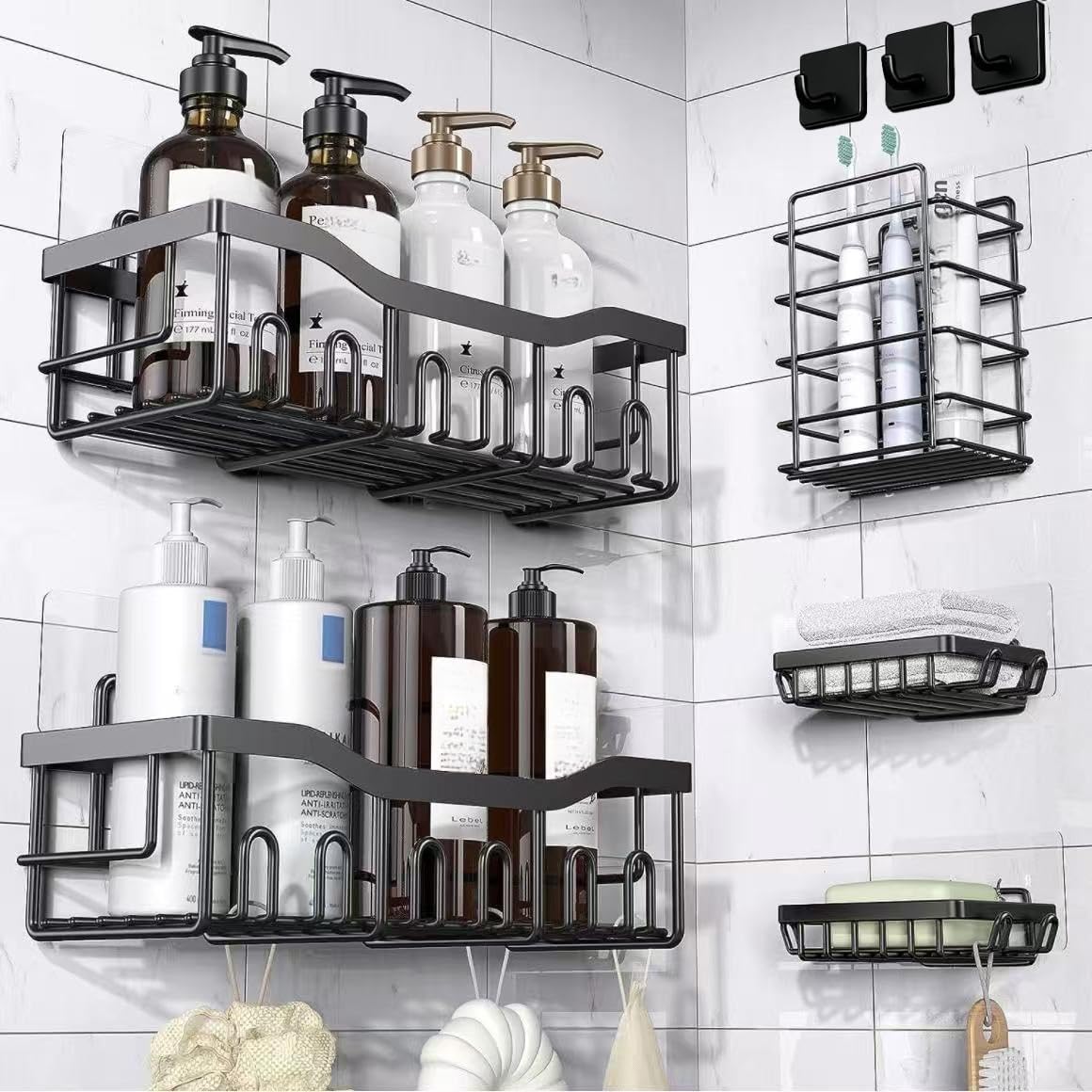 Ansilhus Rustproof Stainless Steel Shower Caddy 8 Pack, Bathroom Storage Accessory Shelf Organiser No Drilling Hanging, Soap Toothbrush Holder Set, Kitchen Wall Mounted Corner Decor, Black