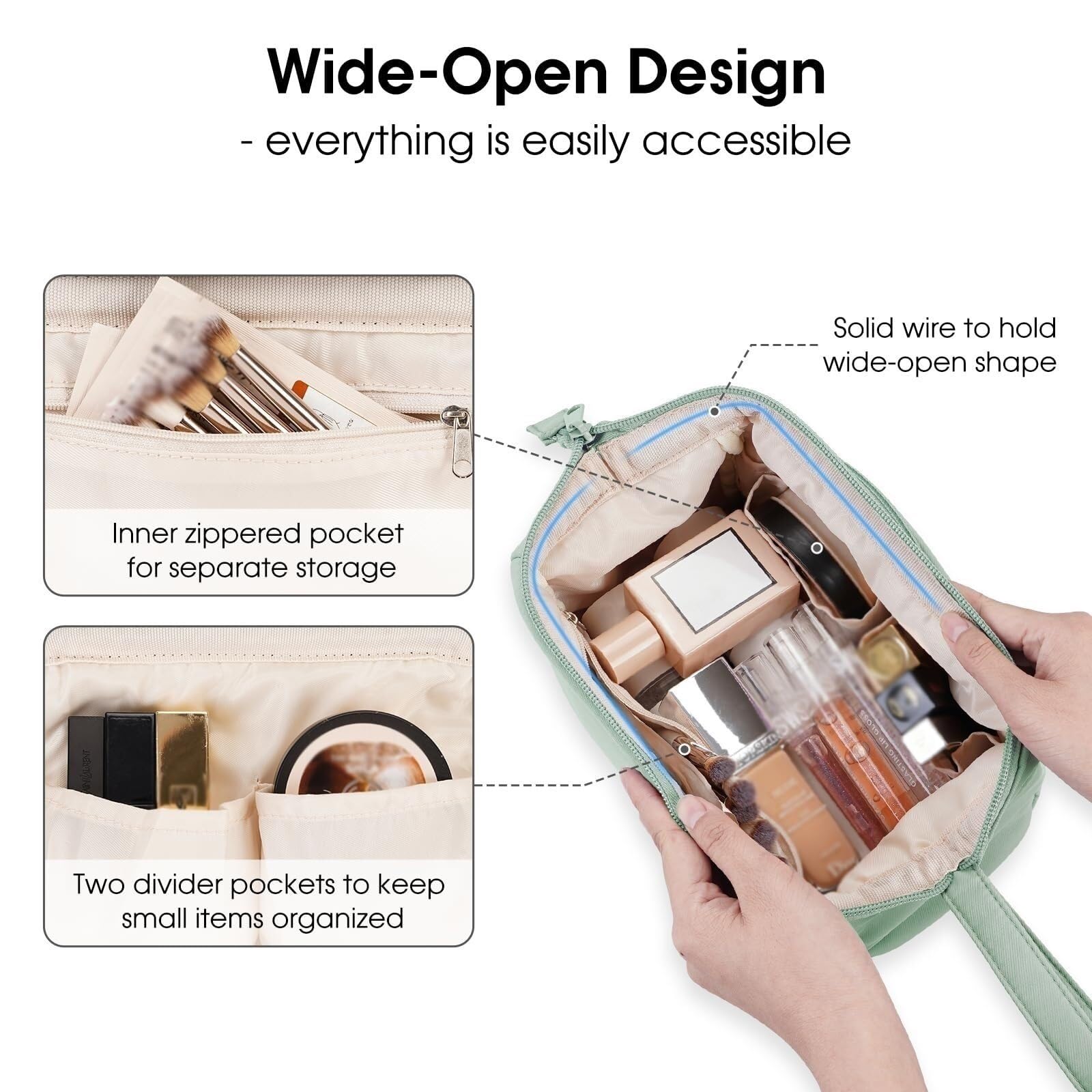 Portátil para Viaje Bolsas Bolsa de cosméticos for mujer, bolsa de cosméticos de apertura amplia, bolsa de almacenamiento de cosméticos de viaje, bolsa de aseo cosmética Organizador Maquillaje(Grün)