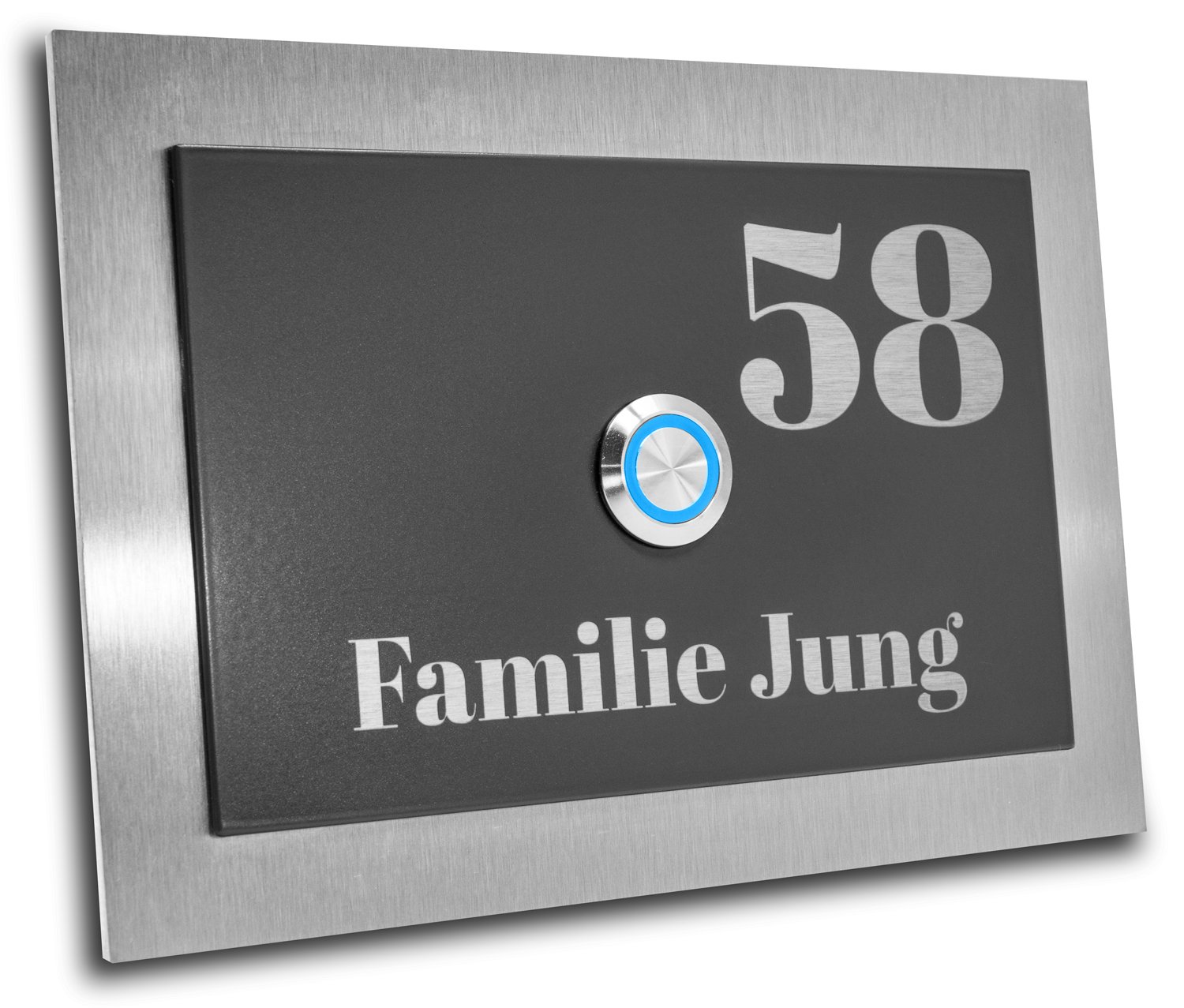 Edelstahl Klingelplatte Boston 001 Größe 170 X 120 X 4,5 mm Dekoplatte Anthrazit RAL 7016 Pulverbeschichtet Gravur LED Taster (blau) Edelstahlklingel Haustürklingel Klingel Türklingel