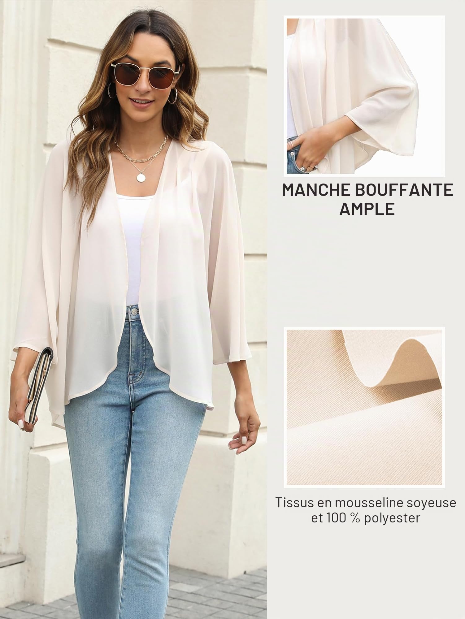 Famulily Cardigan kimono en mousseline de soie pour femme, haut habillé d'été ample ouvert sur le devant pour femme