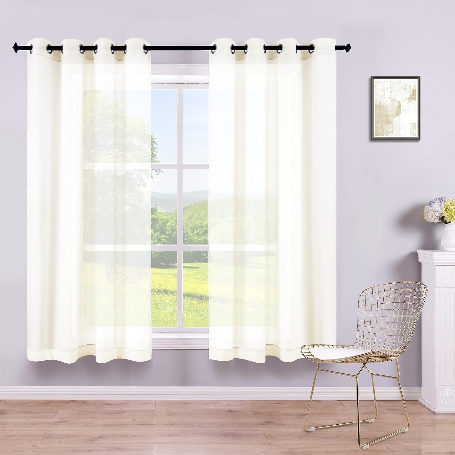Ivory Sheer Curtains 45 Inch Length for Small Windows Treatment Set of 2 Pack Grommet Linen Look Semi Voile Short Off White Curtains for Bathroom Bedroom Loft Kitchen Light Cream Ecru Wide 52x45 Long
