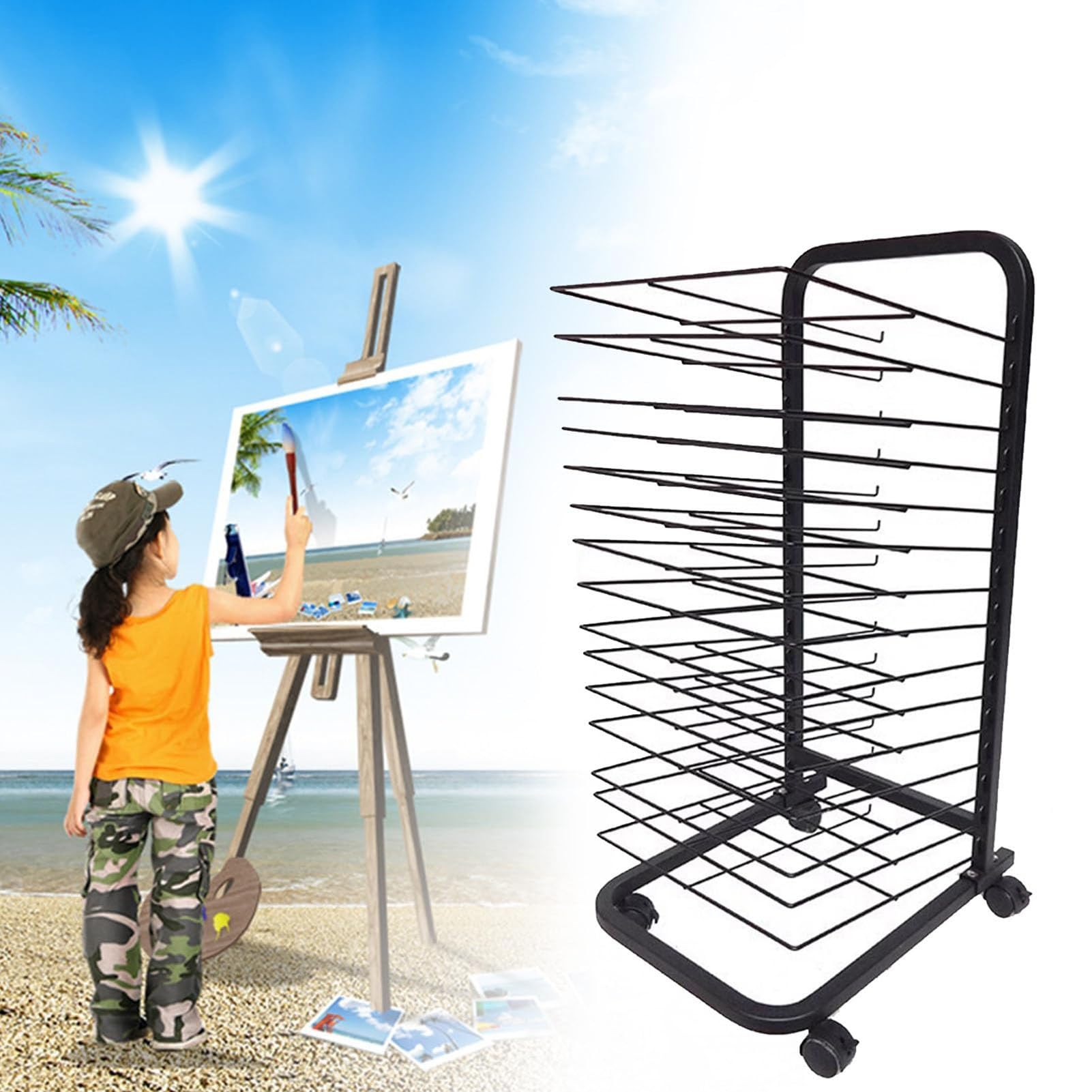 Aioneer Art Drying Rack - Sturdy Metal Art Rack, Back To Back Double Sided Removable Shelves, Sturdy Paint Drying Rackz With Lockable Wheels, Ideal For Schools And Art Clubs,20shelves