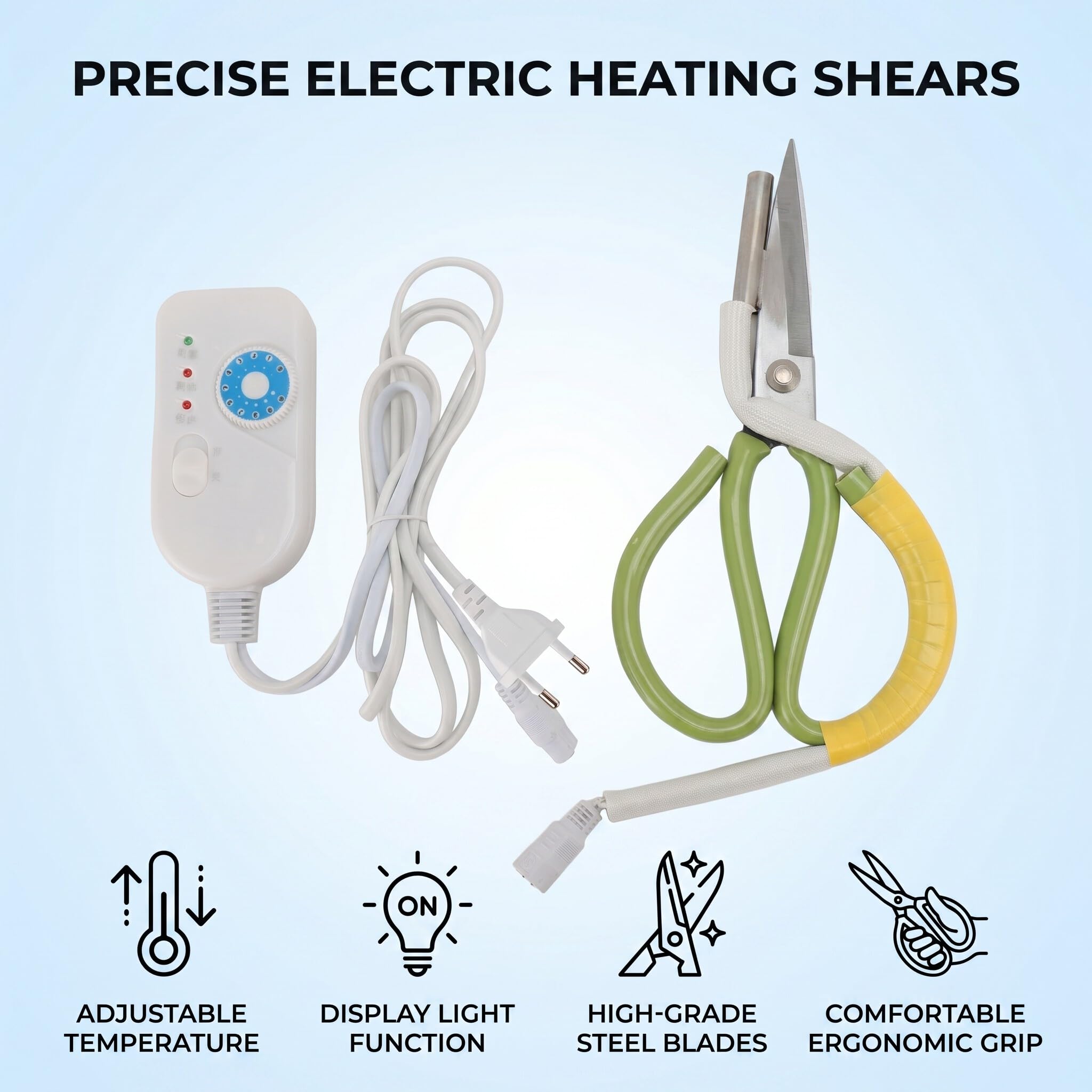 Ejoyous Forbici Elettriche Riscaldanti, Lame in Acciaio a Temperatura Regolabile con Illuminazione del Display per Abbigliamento, Cucito, Rifinitura, Elettronica, Plastica, Valigie, (Spina europea