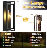 Vista 2 de 20in Outdoor Wall Light Dusk to Dawn-Black Modern Sconce Waterproof Exterior Lighting Fixture E26 Socket Porch Lights Extra Large Lantern for