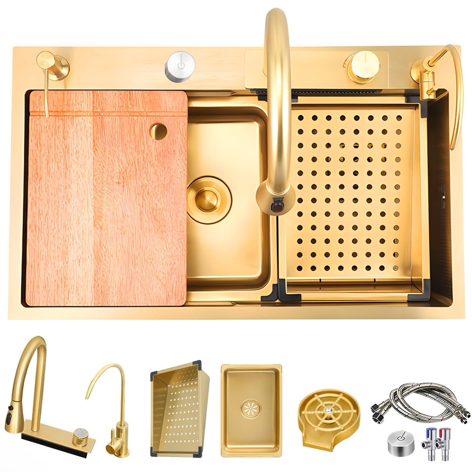 ZQFHSX Drop In Waterfall Kitchen Sink, Gold Single Bowl Farmhouse Stainless Steel Bar Multifunctional Workstation Drain Accessories(68x45x21cm)