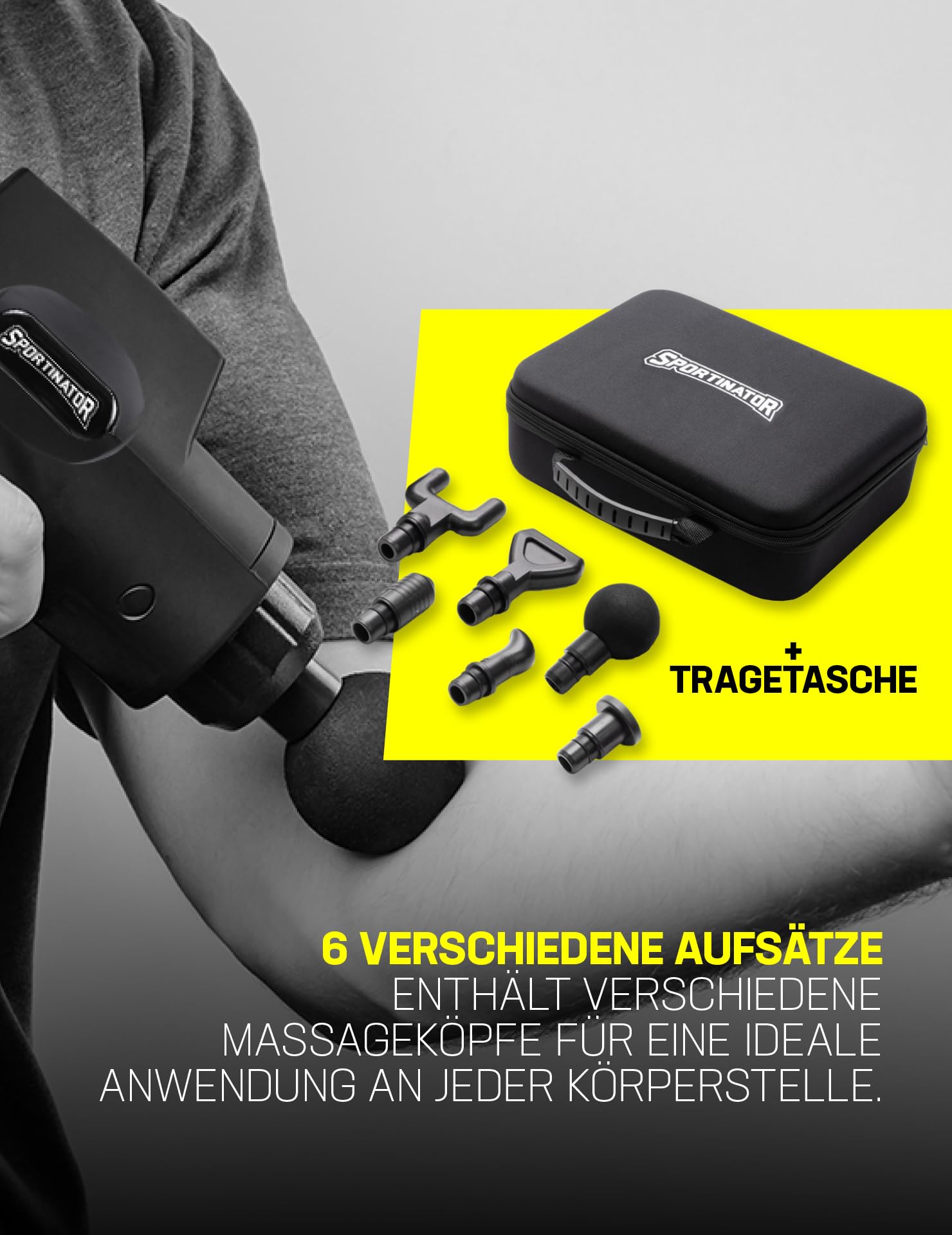 SPORTINATOR® Level Up Massagepistole inkl. verschiedener Aufsätze und Tragetasche, elektrisches Handmassagegerät mit USB-C-Anschluss und LCD-Touchscreen (Schwarz)