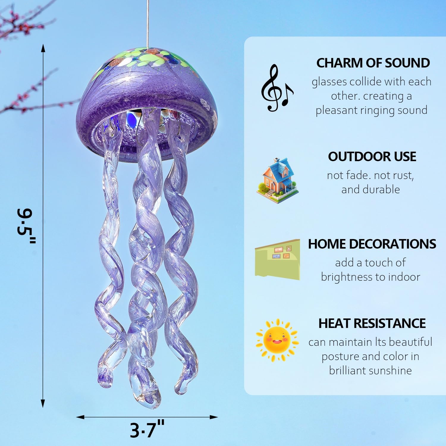 H&D HYALINE & DORA Purple Blown Glass Jellyfish Wind Chime Sea Glass Wind Chimes for Outside Jellyfish Wind Chimes Outdoor Sea Glass Decor for Patio Garden Balcony Porch(14in) - Image 6