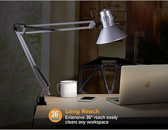 Bostitch Office VLF100-SLV Swing Arm Desk Lamp with Clamp Mount, 36 Reach with Multi-Joint Adjustment, Includes Replaceable LED Bulb (VLF), Silver