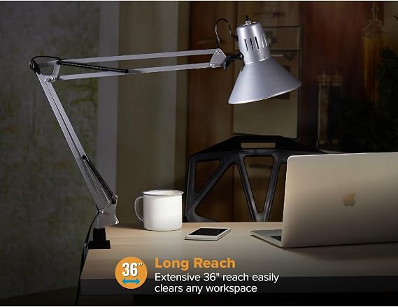 Bostitch Office VLF100-SLV Swing Arm Desk Lamp with Clamp Mount, 36 Reach with Multi-Joint Adjustment, Includes Replaceable LED Bulb (VLF), Silver