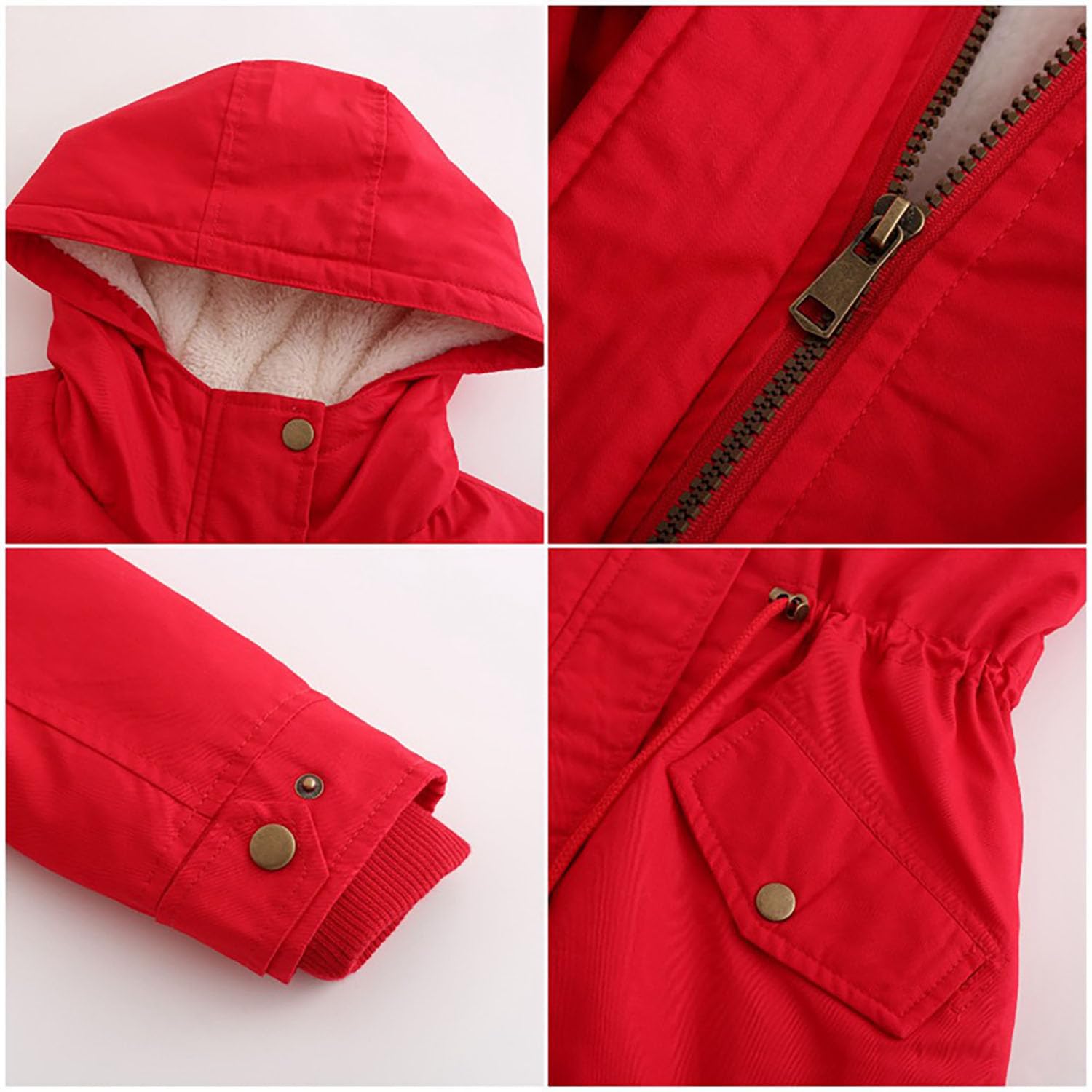 Damen Parka Mantel mit Kapuze Gepolsterte Baumwolljacke Damen Solide Fleece Gefüttert Warme Oberbekleidung für Radfahren, Wandern, Angeln, Bergsteigen,Red,XL(Bust:124cm)
