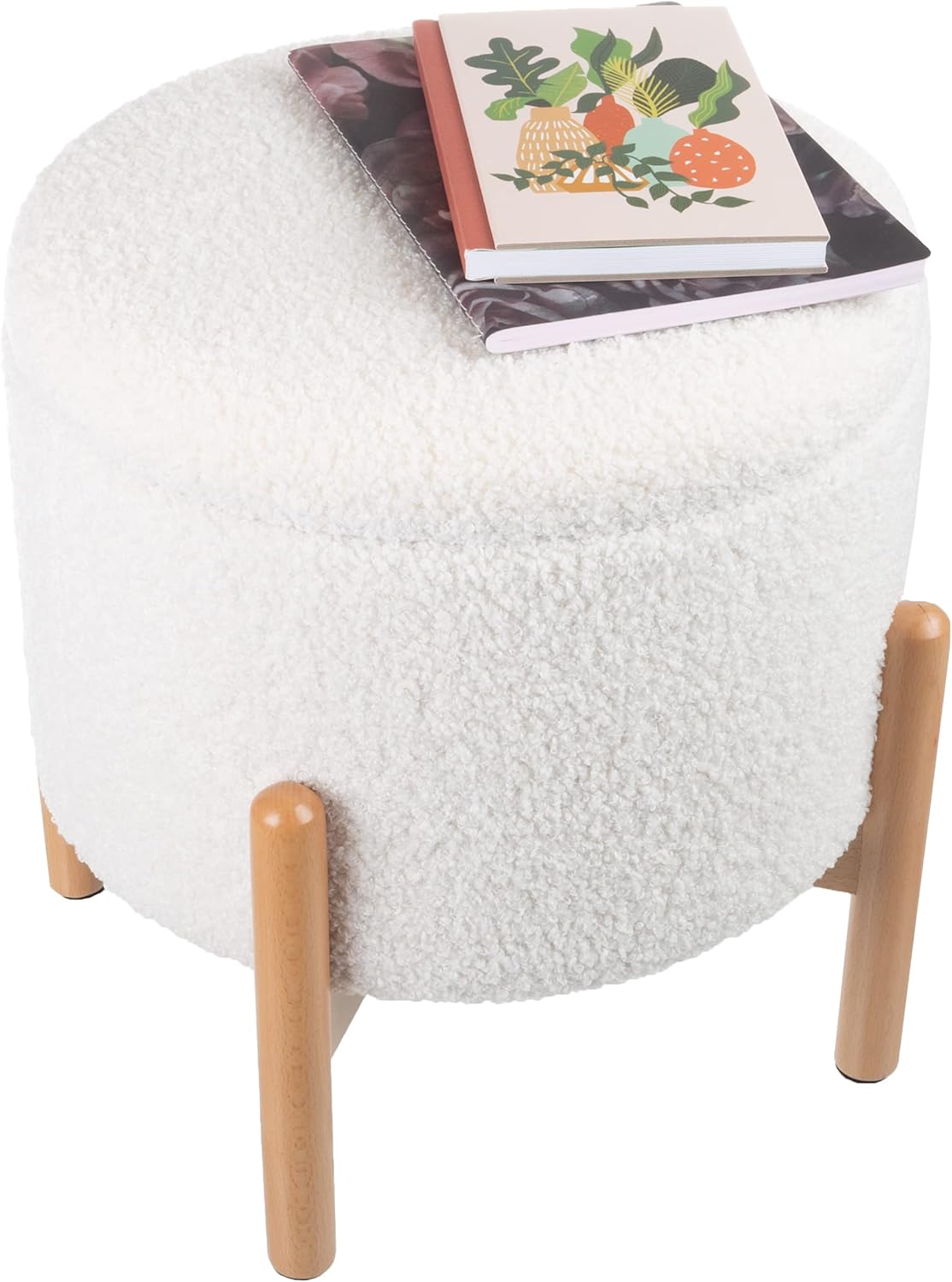 Lavish Home Round Sherpa Storage Ottoman Pouf with Removable Lid – Plush Couch Footrest & Hidden Organizer for Small Spaces, Dorm or Living Room (White)