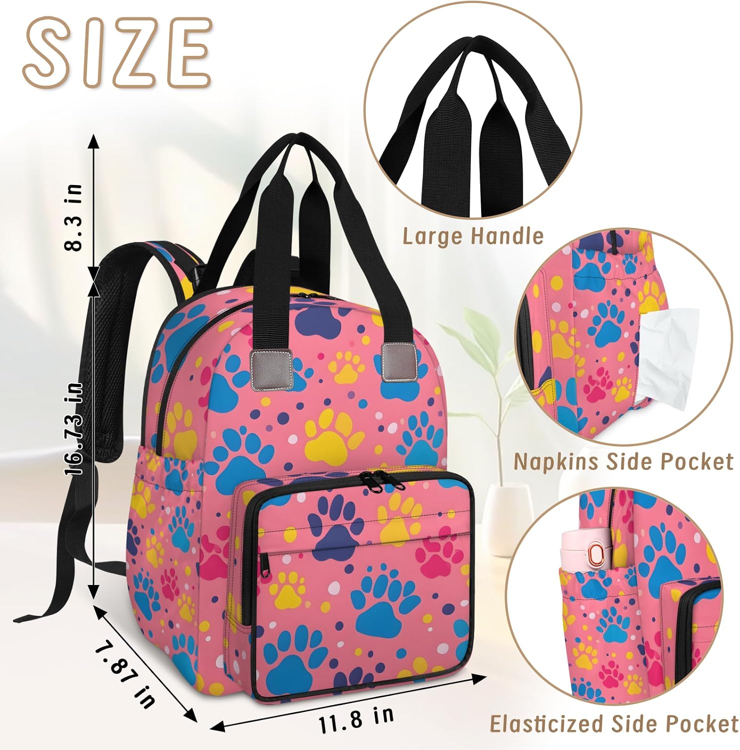 KOBLEN Dog Paw Prints Diaper Bag Backpack Baby Essentials Travel Tote Bag with Insulated Pockets Multi-functional Diaper Bags Organizer Bag for Women Men
