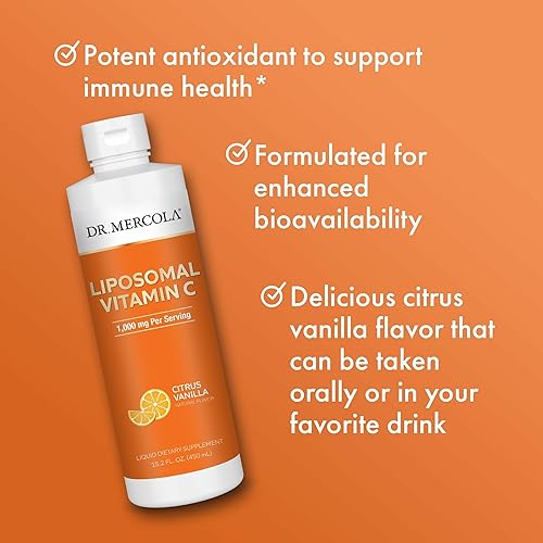 Miniatura 4 de Dr. Mercola Vitamina C liposomal, 1000 mg por porción, suplemento dietético líquido, 15.2 onzas líquidas, sabor natural a vainilla cítrica, sin OMG,