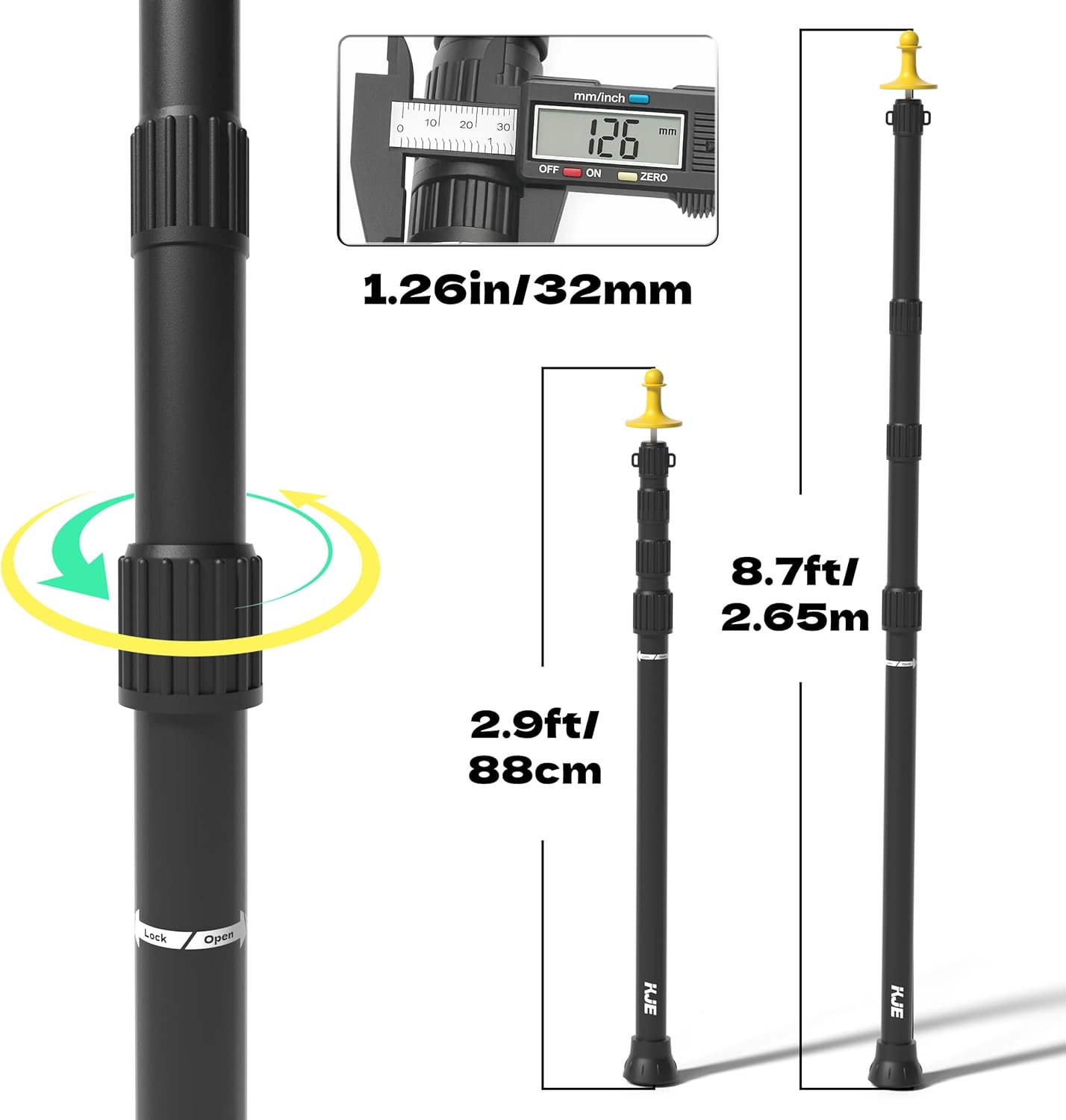 KJE 4 Pack Adjustable Heavy-Duty Tarp Poles, Camping Tent Poles Set with Ground Stakes & Guylines & Yellow Protection Caps, Aluminum Telescoping Pole(2.9ft to 8.7ft) for Outdoor Tarp Use