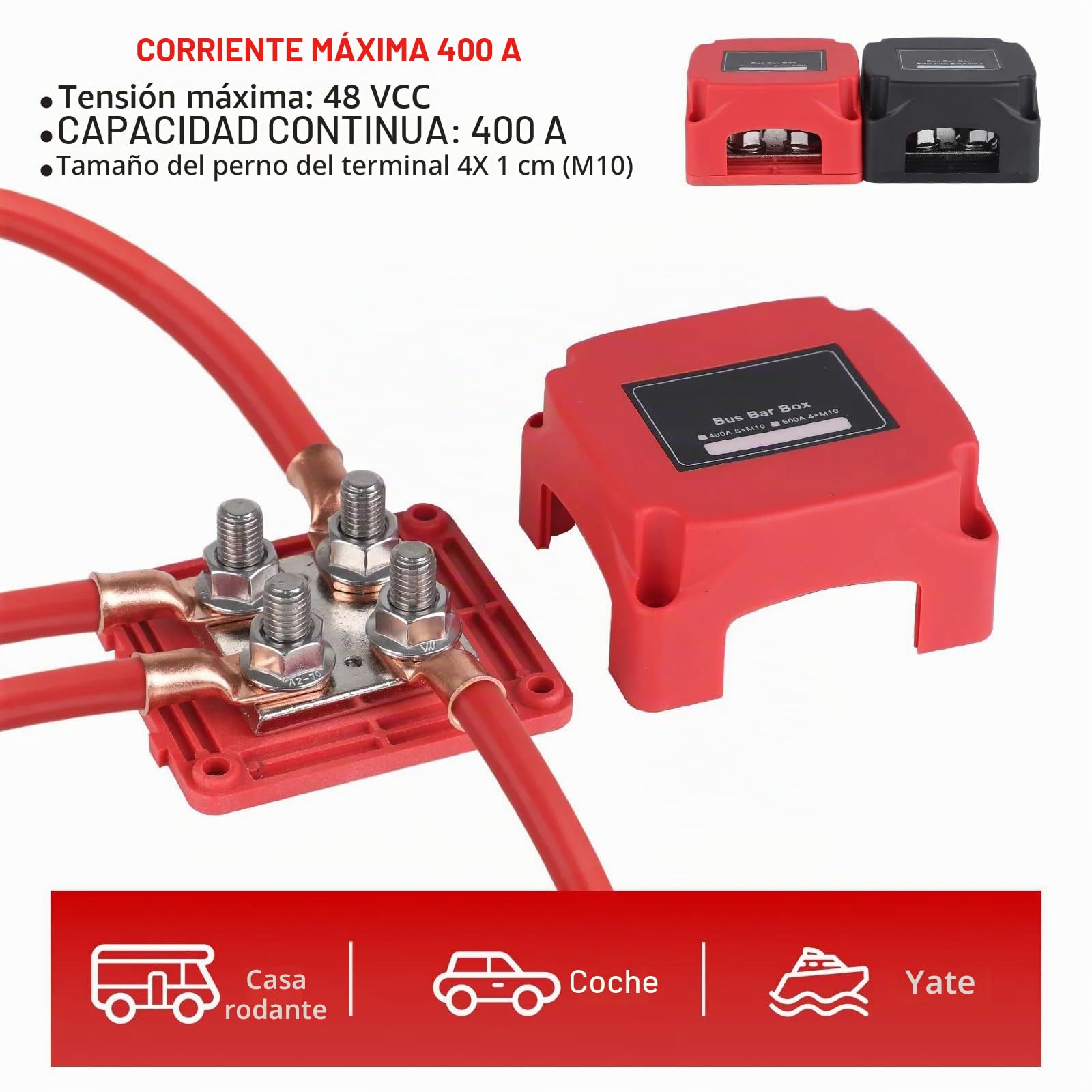 400A Bloques de Distribución de Energía 12V-48V, Caja de Distribución de Barra Colectora, BusBar con 4 Pernos de Terminal M10 para Coche, Camión, RV, Coche, Barco Rojo Negro 2 Piezas